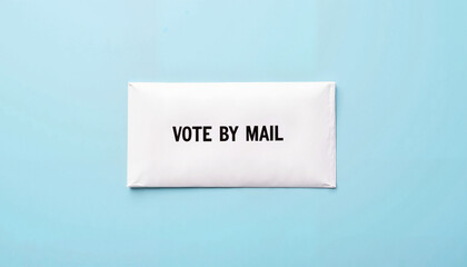 Vote by mail envelope on a light blue background highlighting the importance of mail-in voting