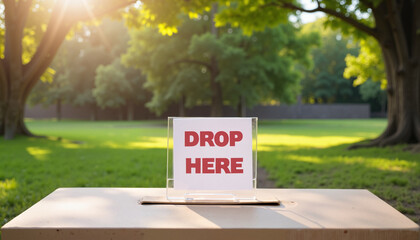 Drop box with "DROP HERE" sign in a park setting surrounded by green trees during daylight
