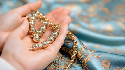 close-up of hands holding prayer beads, traditional Islamic fabric with subtle pattern in background