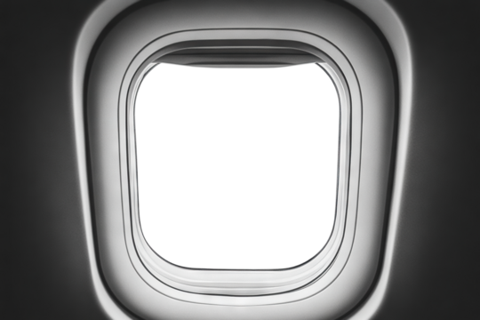 Airplane window frame with blank view, isolated on transparent cutout background