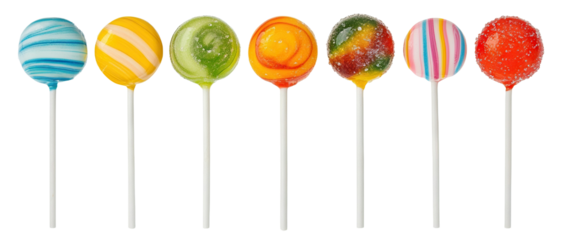 Set of colorful lollipops on sticks, isolated on transparent cutout background
