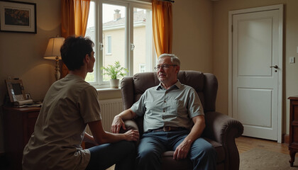 Obraz premium Caregiver talking to a senior man in an armchair in a warm and inviting living room
