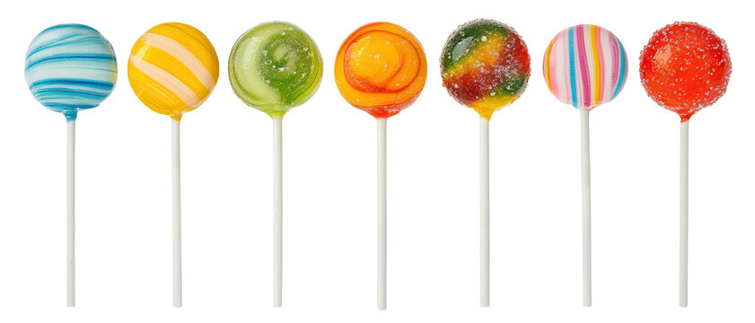 Set of colorful lollipops on sticks, isolated on transparent cutout background