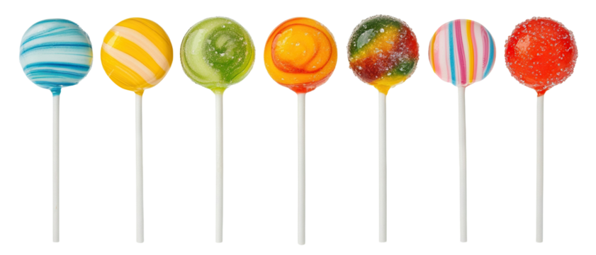 Set of colorful lollipops on sticks, isolated on transparent cutout background