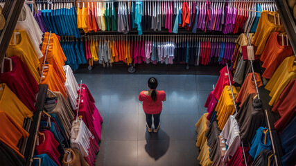 Naklejka premium Woman shopping in colorful clothing store from above