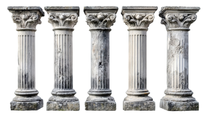 Ancient classical stone columns, isolated on transparent cutout background