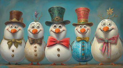 Five funny snowmen with bow ties.