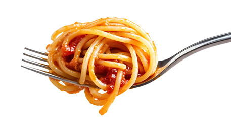 Delicious spaghetti wrapped around a fork with sauce, isolated on transparent cutout background