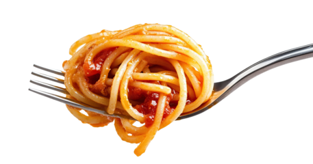 Delicious spaghetti wrapped around a fork with sauce, isolated on transparent cutout background