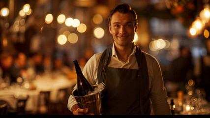 Smiling waiter serving wine in elegant restaurant with warm ambiance