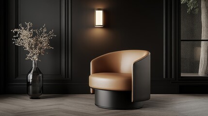 This interior showcases stylish black walls adorned with classical decoration, featuring a cozy leather armchair and a tasteful vase of flowers enhancing the ambiance