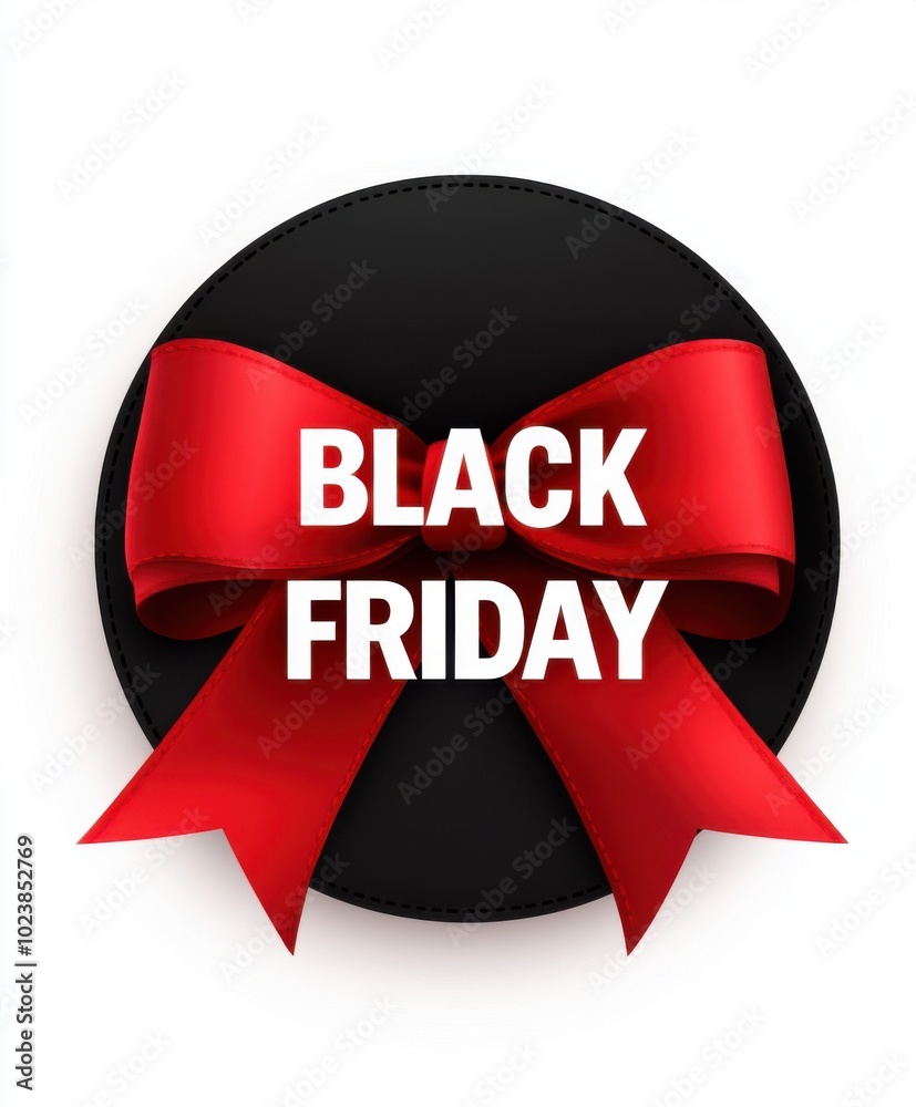 Poster black round badge with a red ribbon bow and the text 