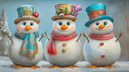 Three snowmen in colorful top hat.