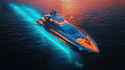 A Luxurious Yacht Illuminated by Neon Lights Cruising on Calm Water at Dusk