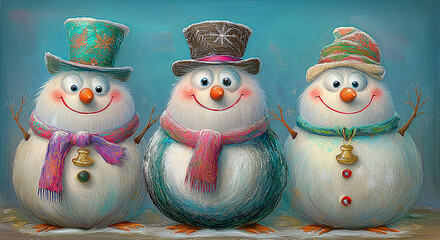 Three smiling snowmen.