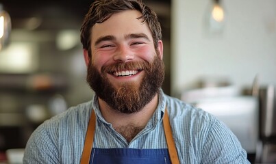 A man with a beard and a blue apron is smiling at the camera