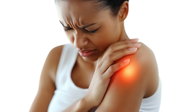 African American woman holding her shoulder in pain, isolated on transparent cutout background