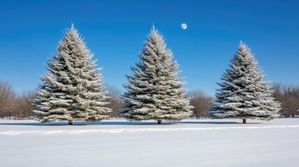 Fototapeta premium The full moon casts a gentle glow over the snow-covered trees and ground, transforming the winter landscape into a breathtaking, tranquil wonderland under a starry sky