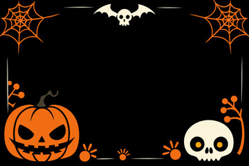 Halloween frame with skull, pumpkins, bats, spiderweb, cat. Halloween border isolated on black.