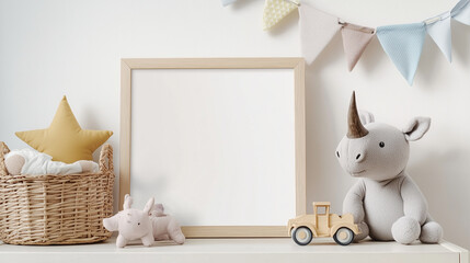 Nursery Room with Wooden Frame and Soft Toys â A cozy and cute nursery room setup with a blank wooden frame mockup on a white dresser. Soft toys like a stuffed rhino and star-shape