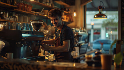 Smiling barista making coffee in cozy cafe ambiance