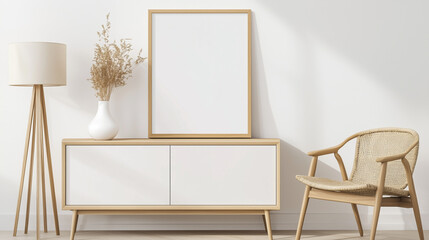 Scandinavian Living Room Mockup â A minimalist interior design featuring a clean white sideboard, adorned with a blank frame, perfect for showcasing artwork or design posters. The
