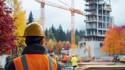 Construction Workers on Autumn Construction Site