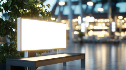 A large, illuminated light box billboard mockup at a busy airport terminal, ideal for displaying advertising campaigns or travel-related promotions. The soft glow from the box cont
