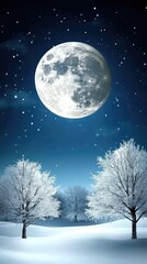 Naklejka premium The full moon casts a gentle glow over the snow-covered trees and ground, transforming the winter landscape into a breathtaking, tranquil wonderland under a starry sky