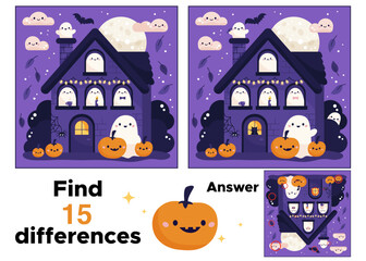 Find differences game for children. Halloween puzzle for kids. Haunted house with cute ghosts, spider and pumpkins. Activity page. Kawaii cartoon characters. Printable worksheet. Vector illustration.