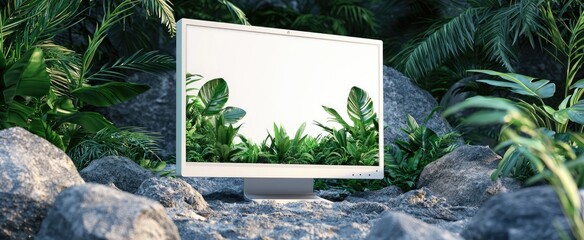 A White Computer Monitor Surrounded by Lush Green Foliage and Rocks