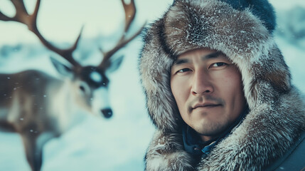 Inuit Man in Traditional Fur Clothing with a Reindeer