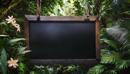 A blank wooden sign surrounded by lush green foliage and vibrant tropical flowers in a dense jungle setting. Generative AI