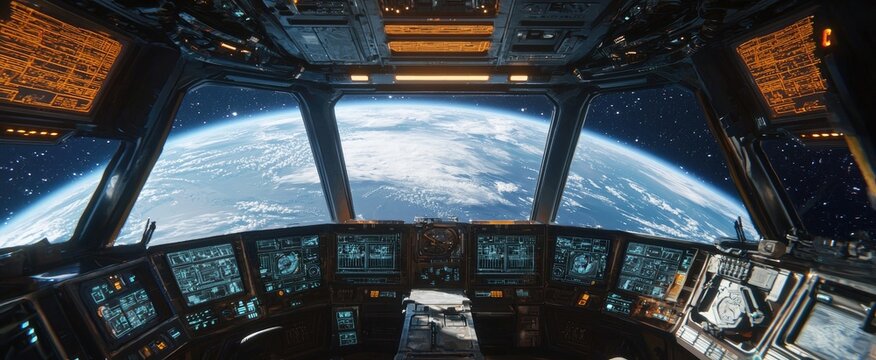 Spaceship Cockpit View of Earth with Cloud Cover