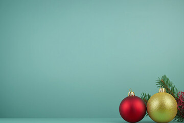 Red and gold Christmas ornaments with pine branches on teal background. Perfect for festive holiday decor, Christmas cards, or elegant seasonal decorations.