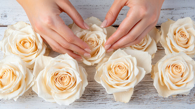 delicate dried white roses arranged with female hands gently touching petals
