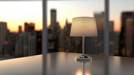 Obraz premium A modern table lamp rests on a desk, casting warm light while a vibrant New York City skyline glimmers in the evening background, creating a cozy atmosphere