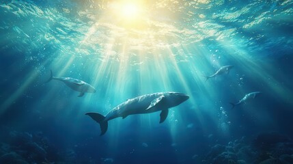 Naklejka premium Humpback whales swimming in sunlit ocean