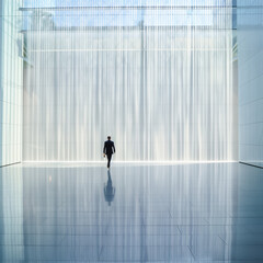 Fototapeta premium Executive Walking Past a Large Waterfall Inside a Corporate Lobby