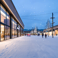 Naklejka premium Snow Falling Gently Outside a Busy Shopping Mall During the Holiday Season