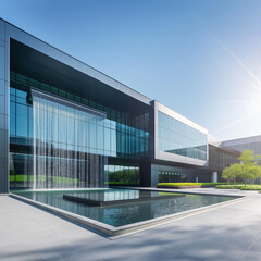 Obraz premium Corporate Headquarters with a Waterfall Feature and Contemporary Architecture