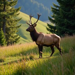 Fototapeta premium An Elk poses grandly amidst verdant greenery and tall woodland