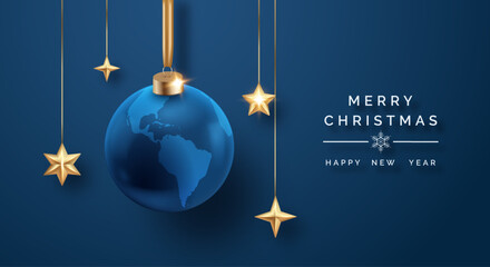 Elegant Christmas card with a blue globe ornament, golden stars, and festive message on a navy background