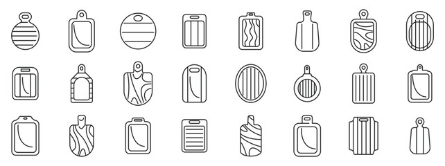 Chopping board icons set. This vector illustration set includes various kitchen cutting boards, showcasing different materials and shapes