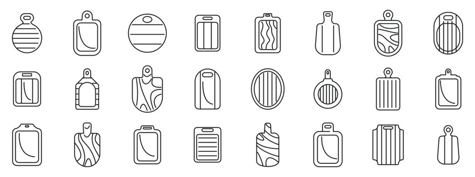 Chopping board icons set. This vector illustration set includes various kitchen cutting boards, showcasing different materials and shapes