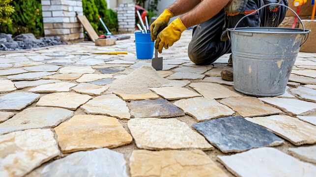 landscaper on knees fitting irregular flagstones together like puzzle pieces