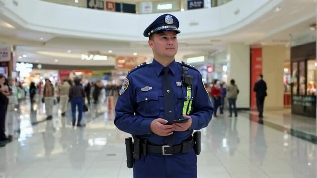 Security guard works in shopping mall, officer stands in store. Concept of secure retail, service, uniform, business. 