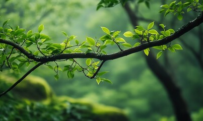 Fototapeta premium A long green tree branch with green leaves