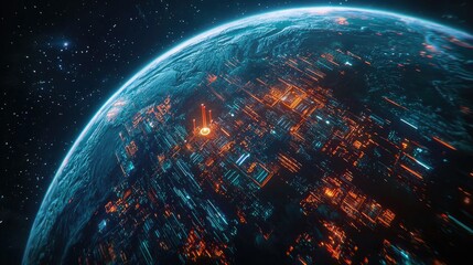 Obraz premium A Futuristic Cityscape on a Gloomy Planet with Glowing Lines