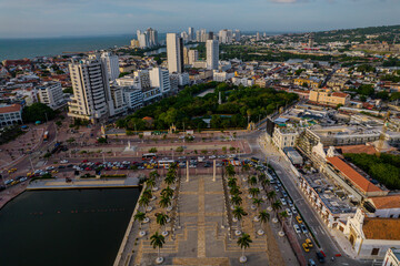 Fototapeta premium Beautiful aerial view of the Walled City of Cartagena, Its majestic Cathedral, the plaza, its colonial architecture. Colombia 